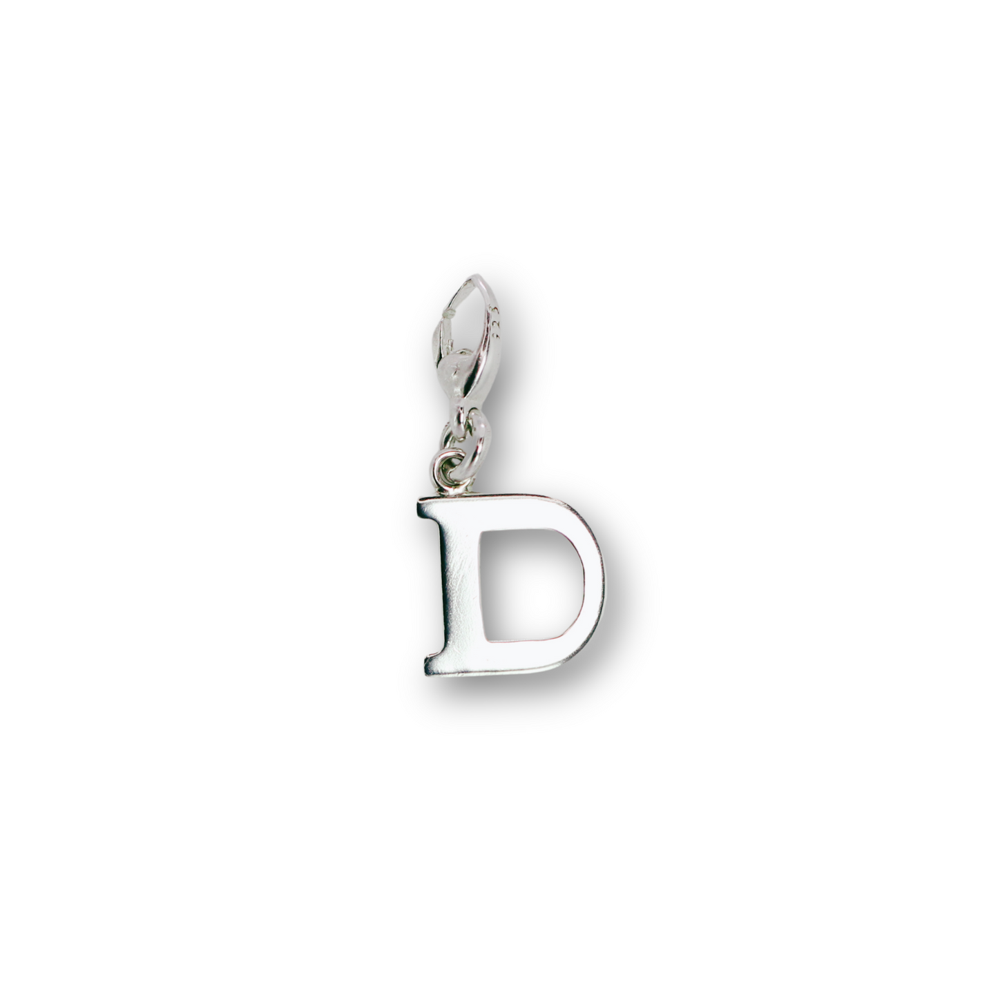 Handcrafted sterling silver letter D clip-on charm by Vijara jewelry.
