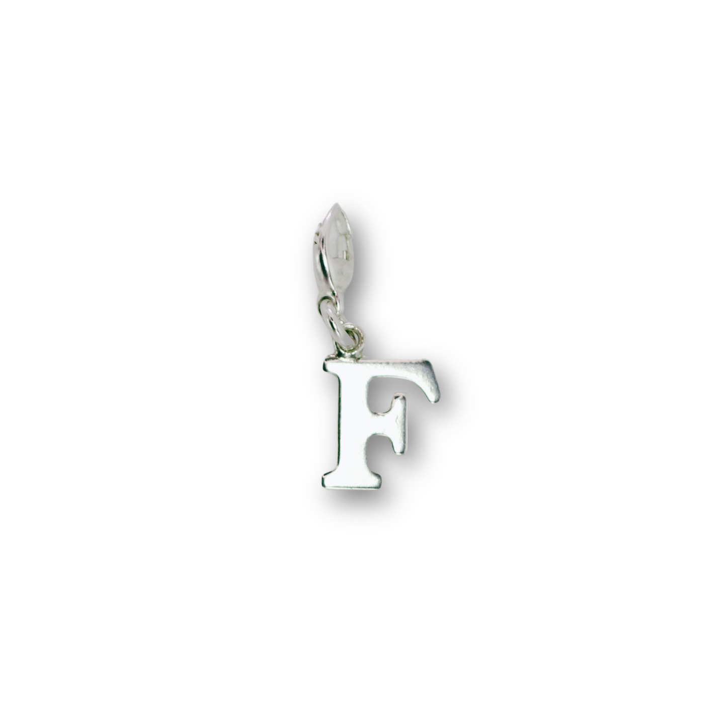 Handcrafted sterling silver letter F clip-on charm by Vijara jewelry.