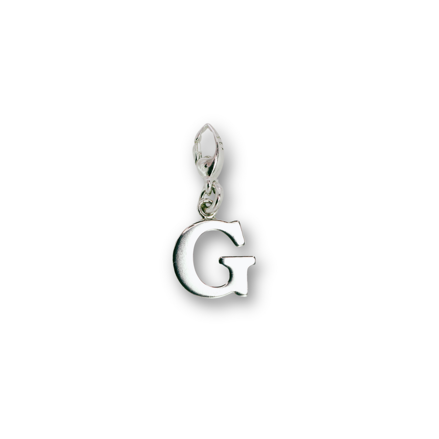 Handcrafted sterling silver letter G clip-on charm by Vijara jewelry.