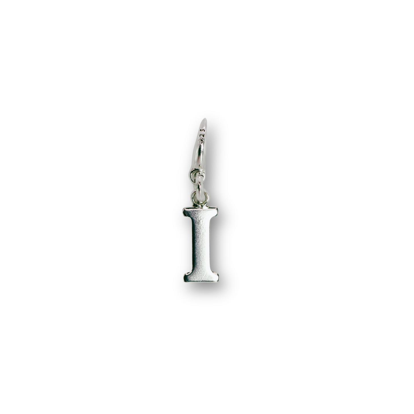 Handcrafted sterling silver letter I clip-on charm by Vijara jewelry.