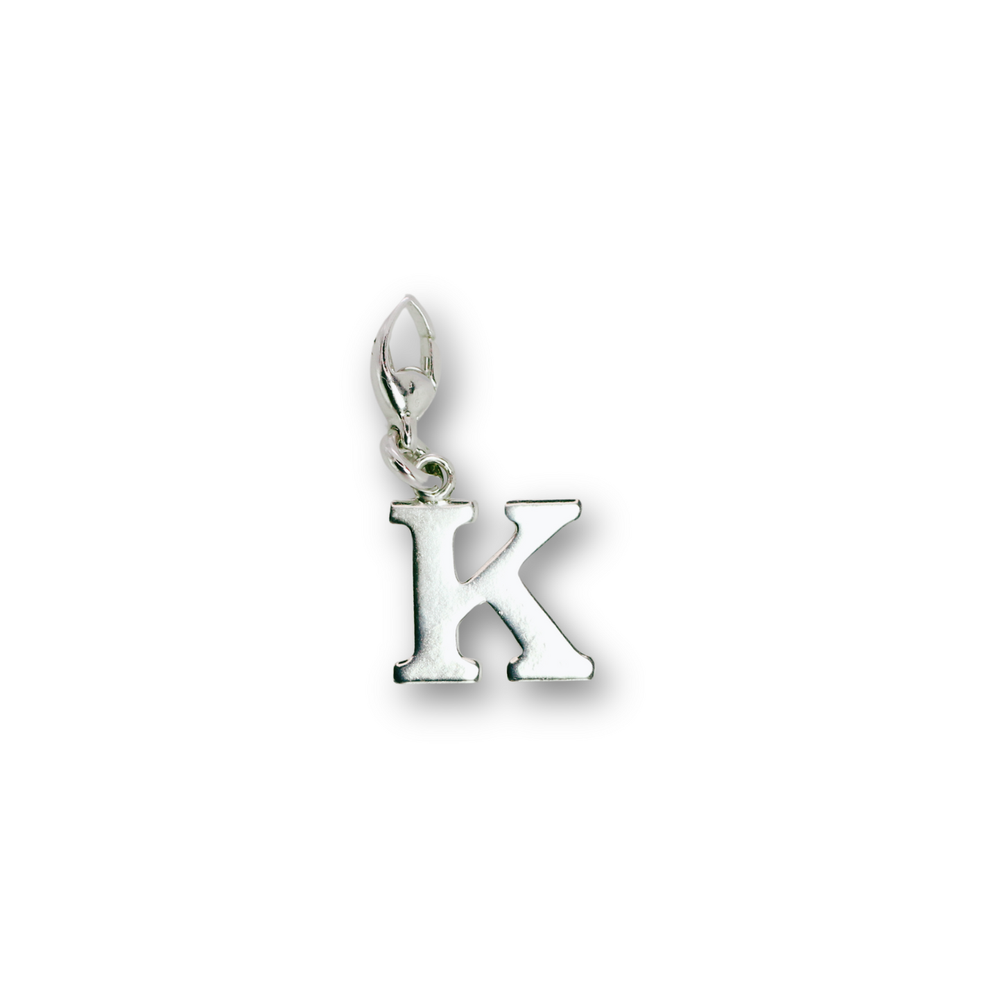 Handcrafted sterling silver letter K clip-on charm by Vijara jewelry.