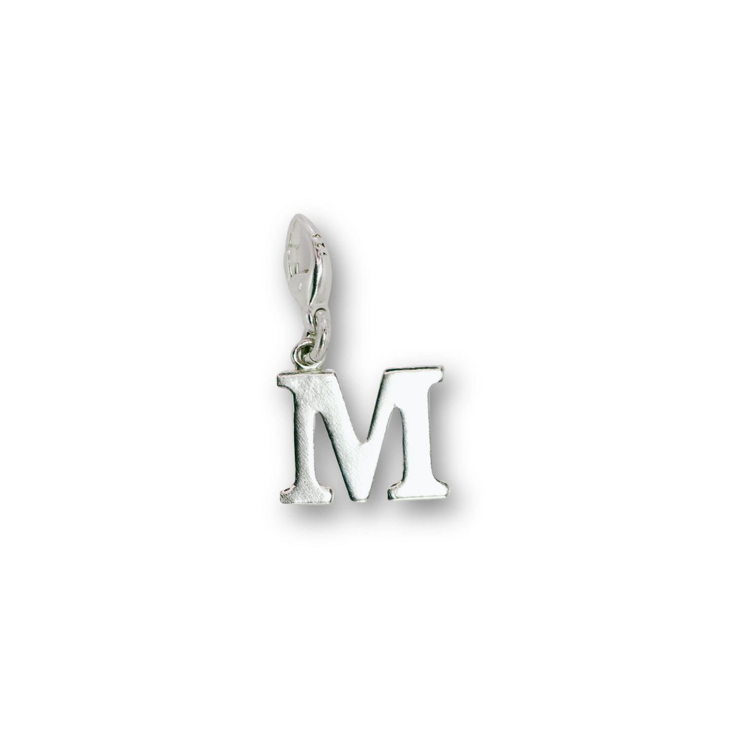 Handcrafted sterling silver letter M clip-on charm by Vijara jewelry.