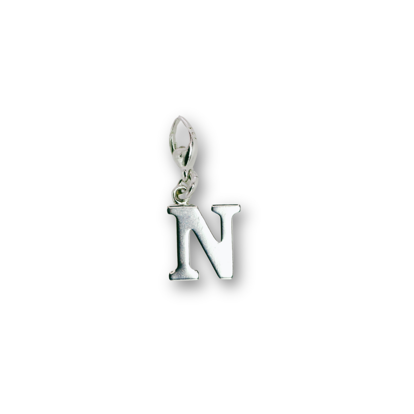 Handcrafted sterling silver letter N clip-on charm by Vijara jewelry.