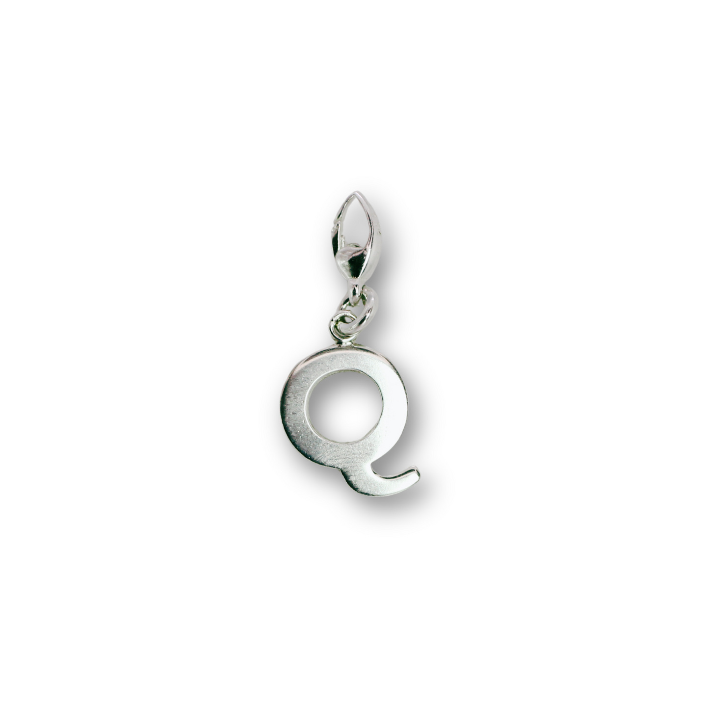 Handcrafted sterling silver letter Q clip-on charm by Vijara jewelry.