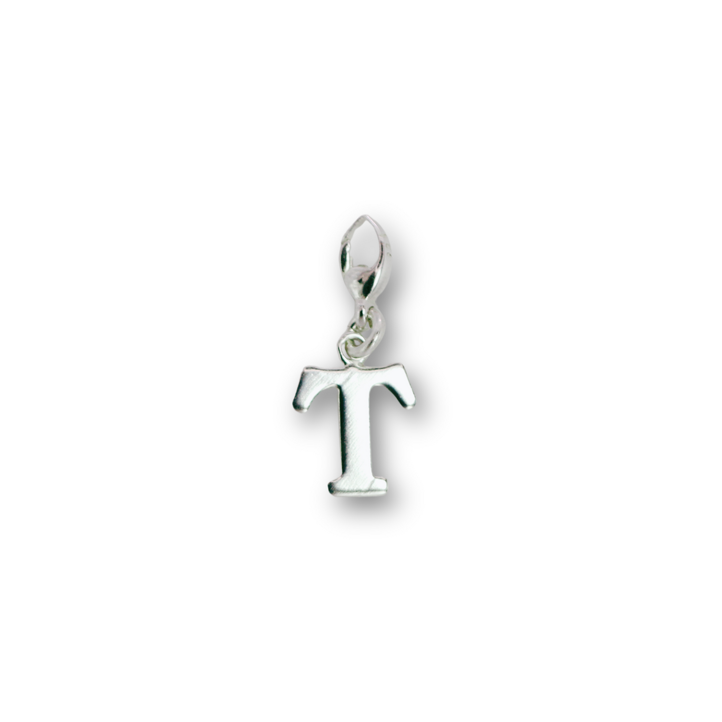 Handcrafted sterling silver letter T clip-on charm by Vijara jewelry.