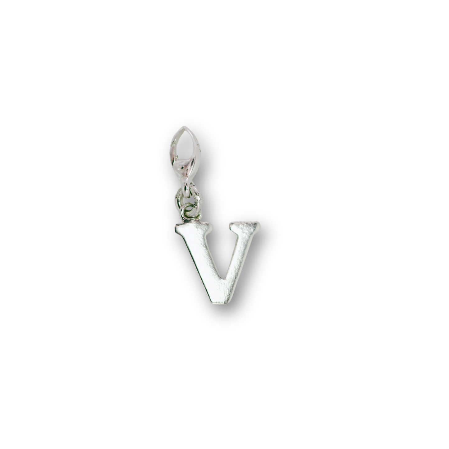 Handcrafted sterling silver letter V clip-on charm by Vijara jewelry.