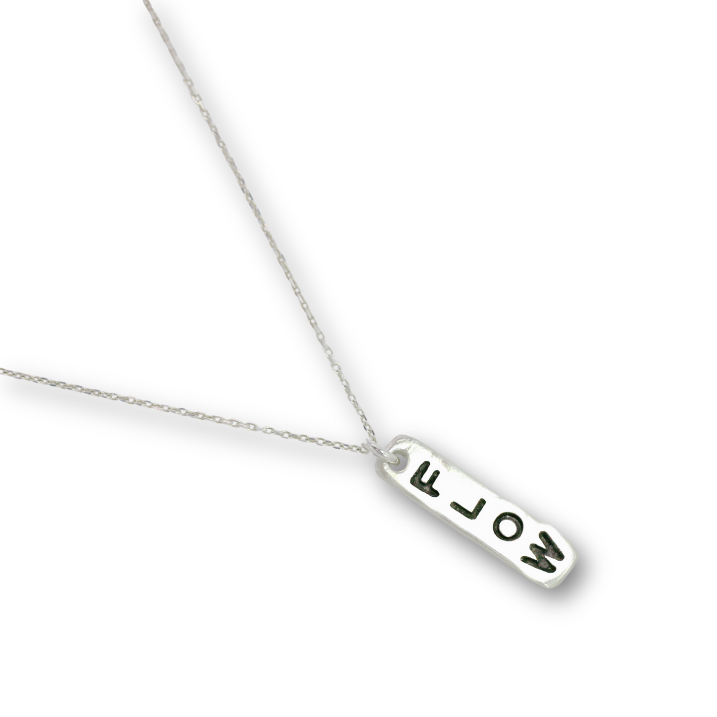 Handcrafted recycled fine silver "flow" word charm necklace by Vijara jewelry.