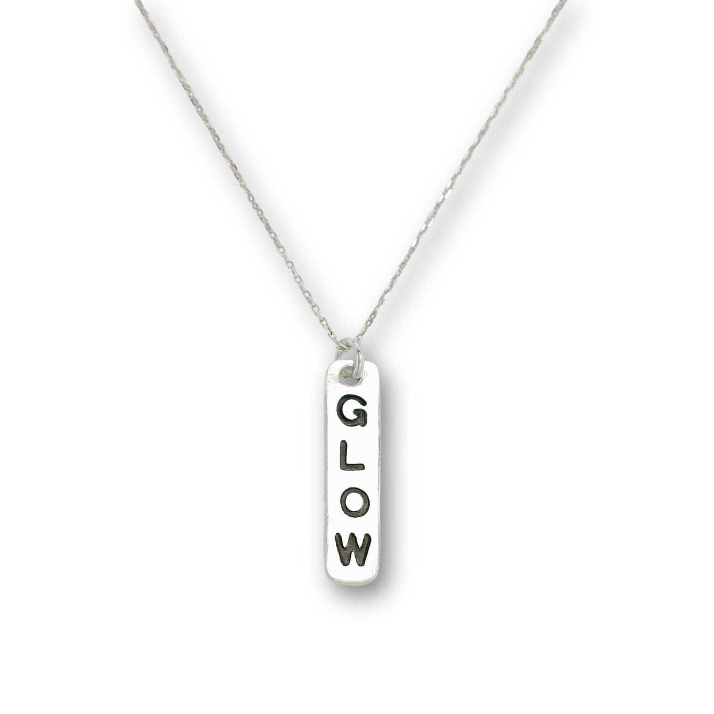 Handcrafted recycled fine silver "glow" word charm necklace by Vijara jewelry.
