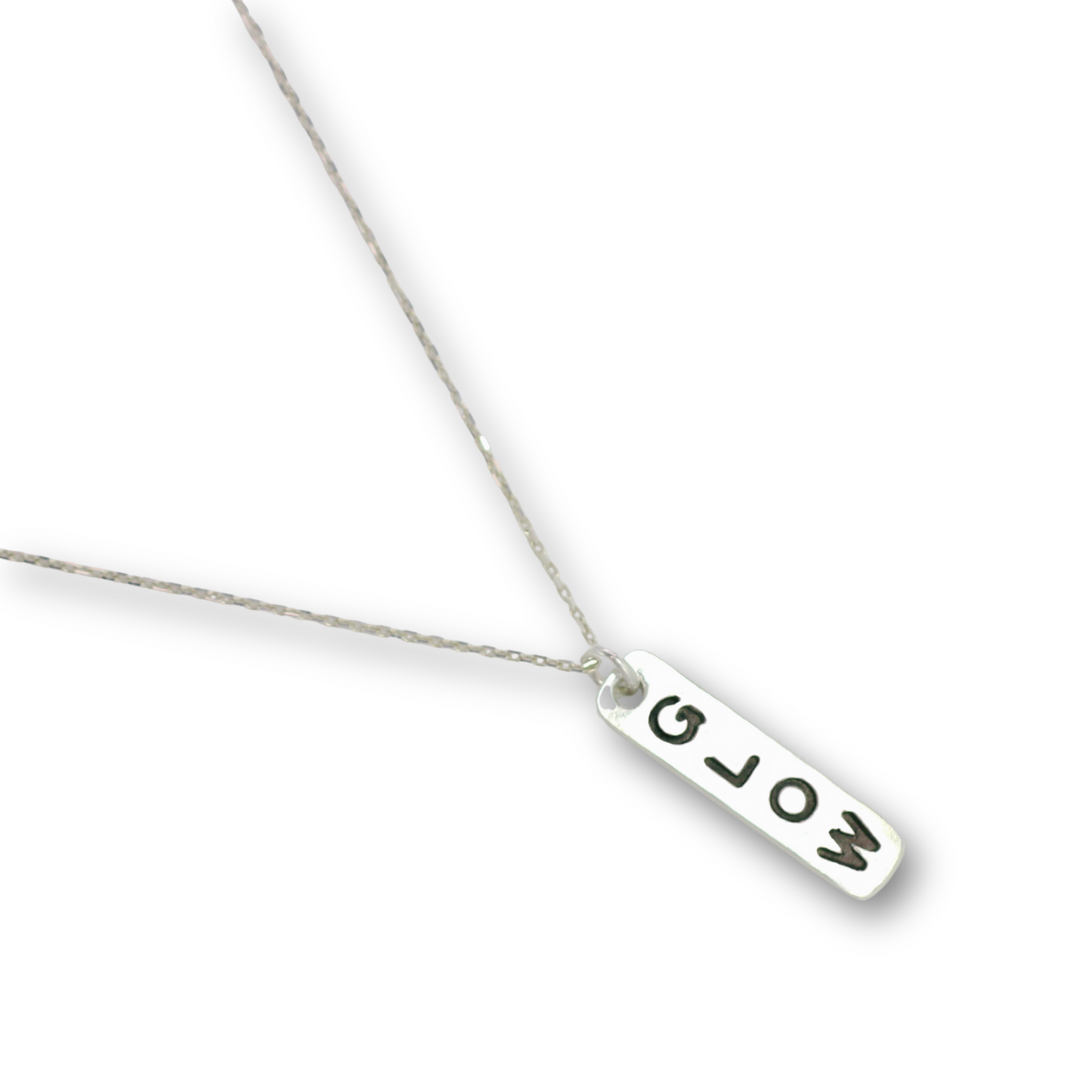 Handcrafted recycled fine silver "glow" word charm necklace by Vijara jewelry.