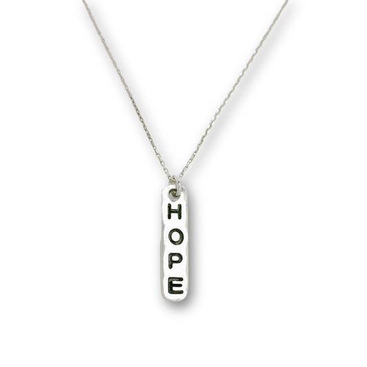Handcrafted recycled fine silver "hope" word charm necklace by Vijara jewelry.