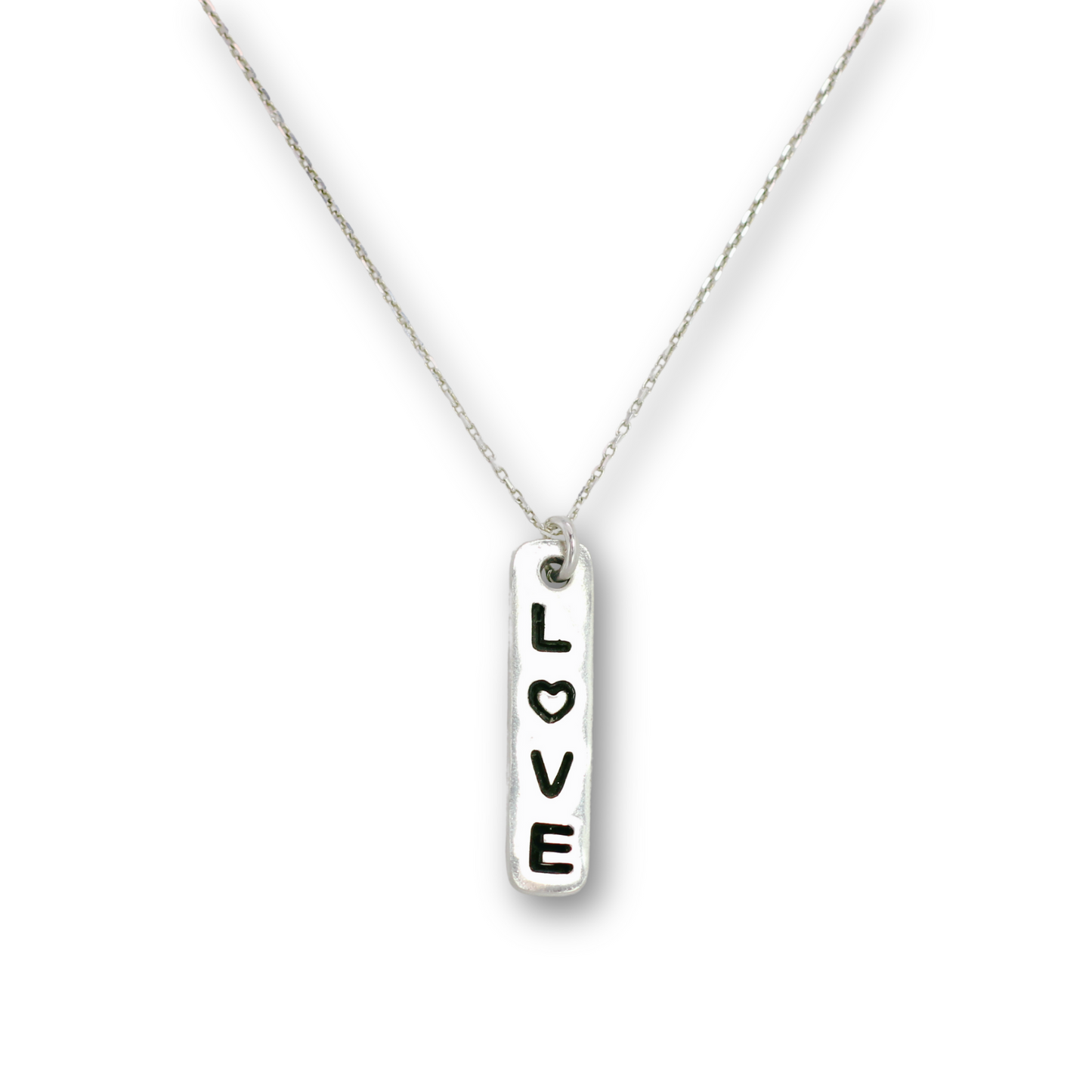 Handcrafted recycled fine silver "love" word charm necklace by Vijara jewelry.