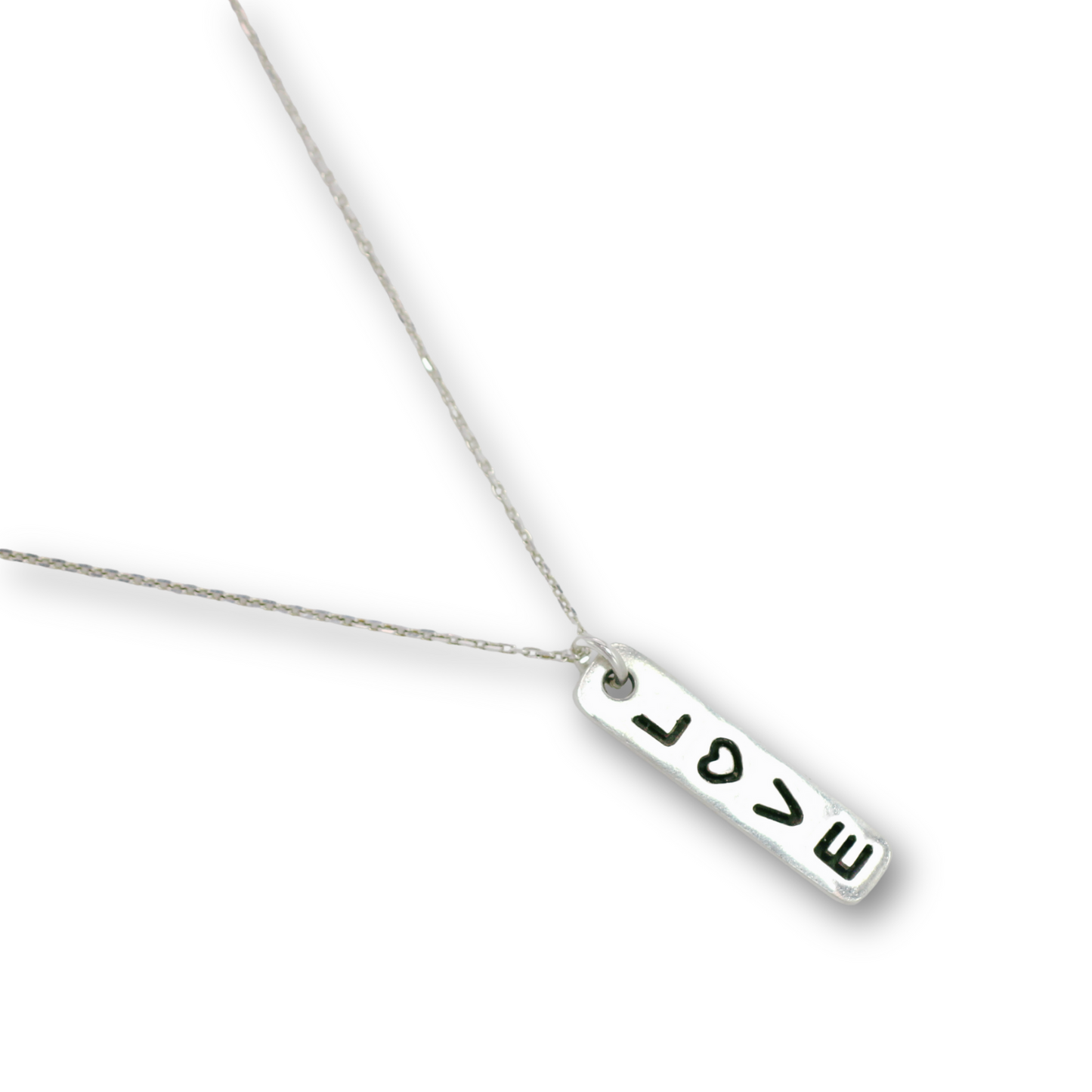 Handcrafted recycled fine silver "love" word charm necklace by Vijara jewelry.