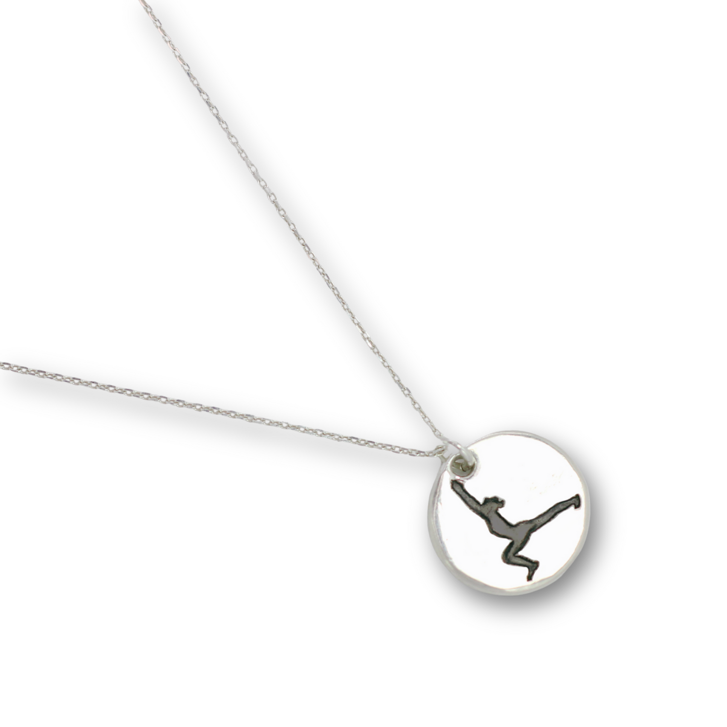 Handcrafted recycled fine silver yoga warrior pose charm necklace by Vijara jewelry.