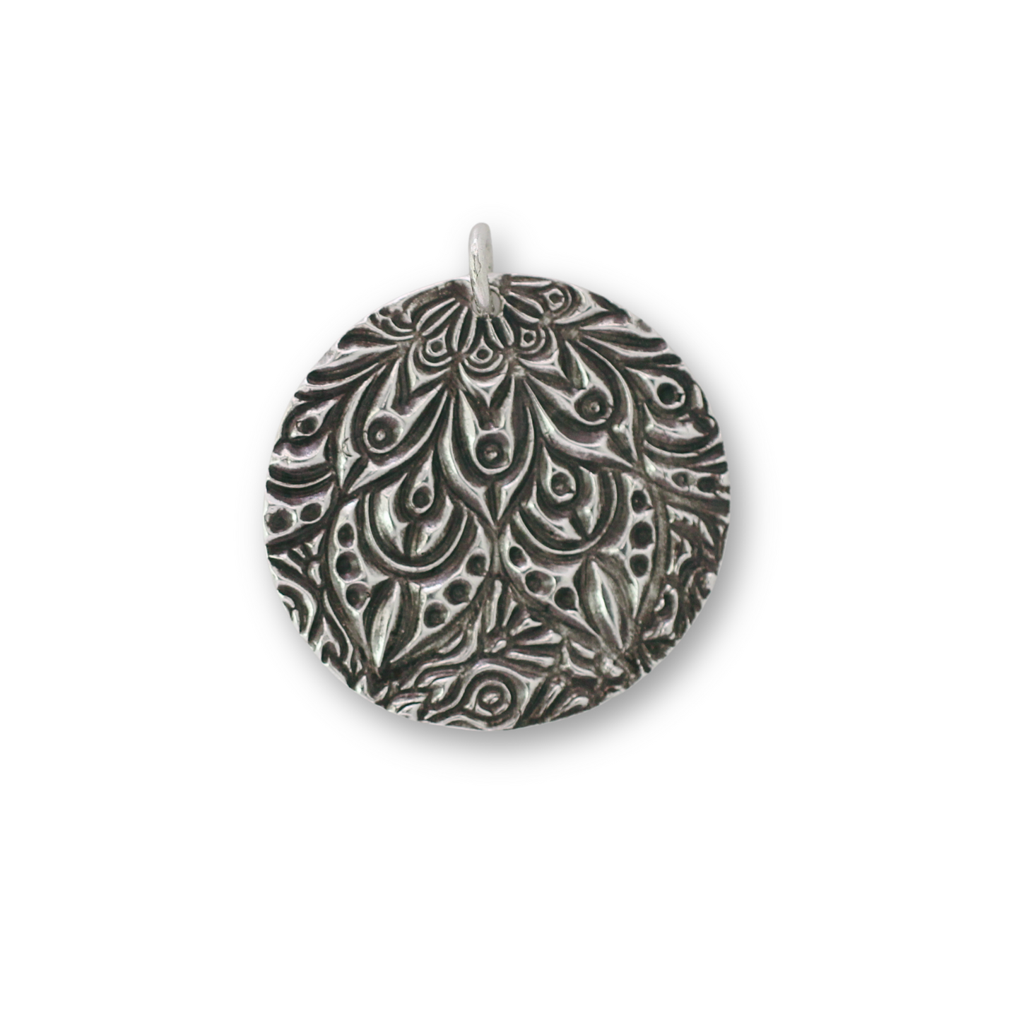 Handcrafted recycled fine silver round mandala design pendant by Vijara jewelry.