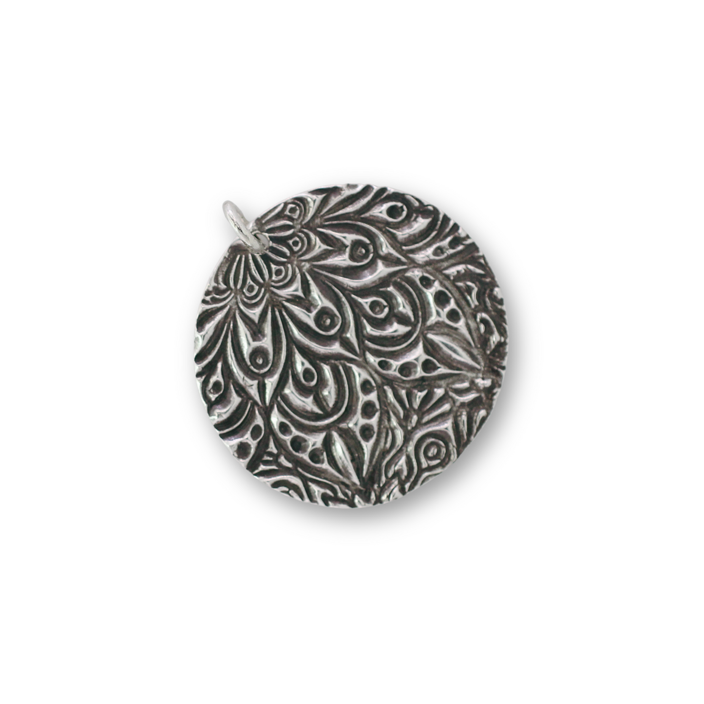 Handcrafted recycled fine silver round mandala design pendant by Vijara jewelry.