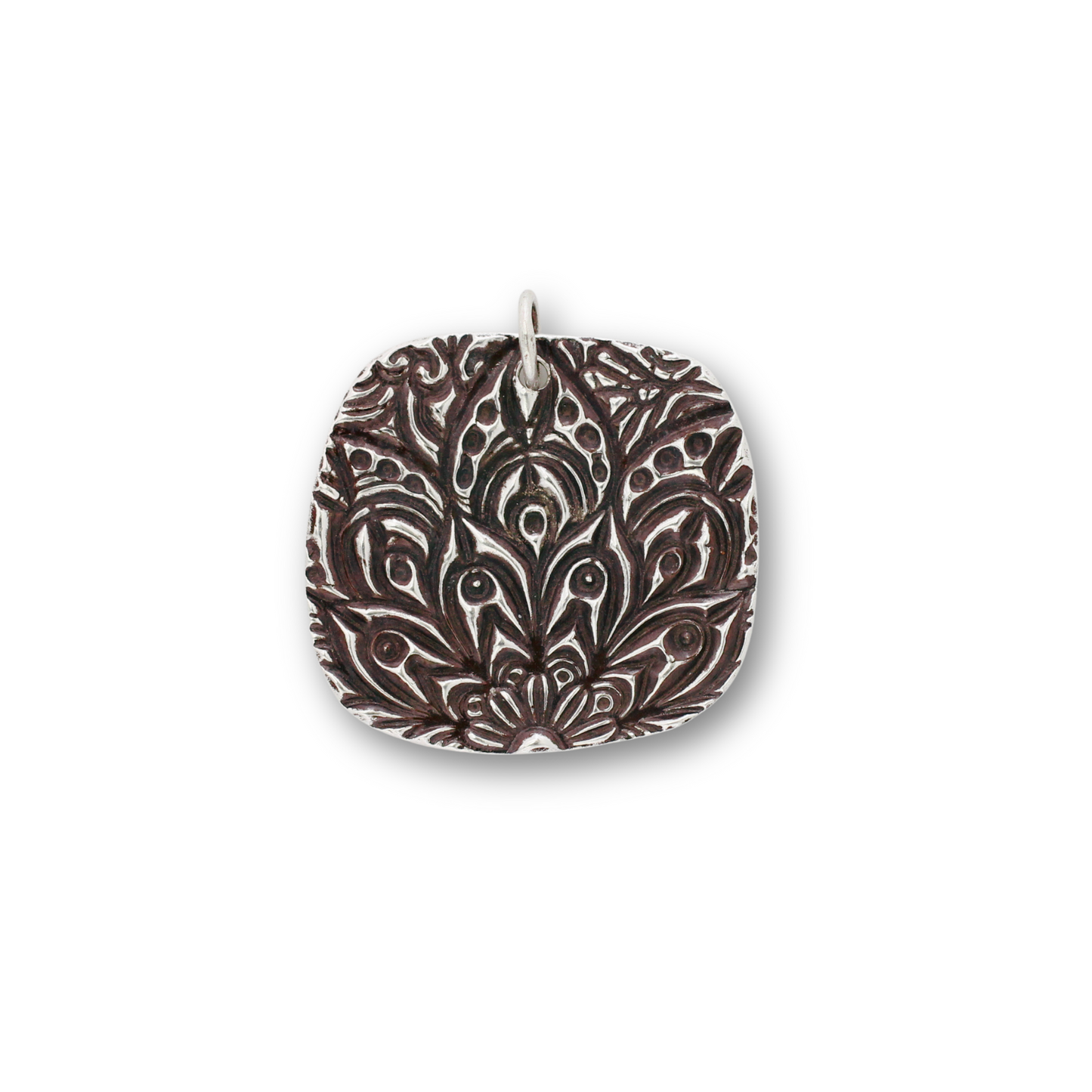 Handcrafted recycled fine silver square mandala design pendant by Vijara jewelry.