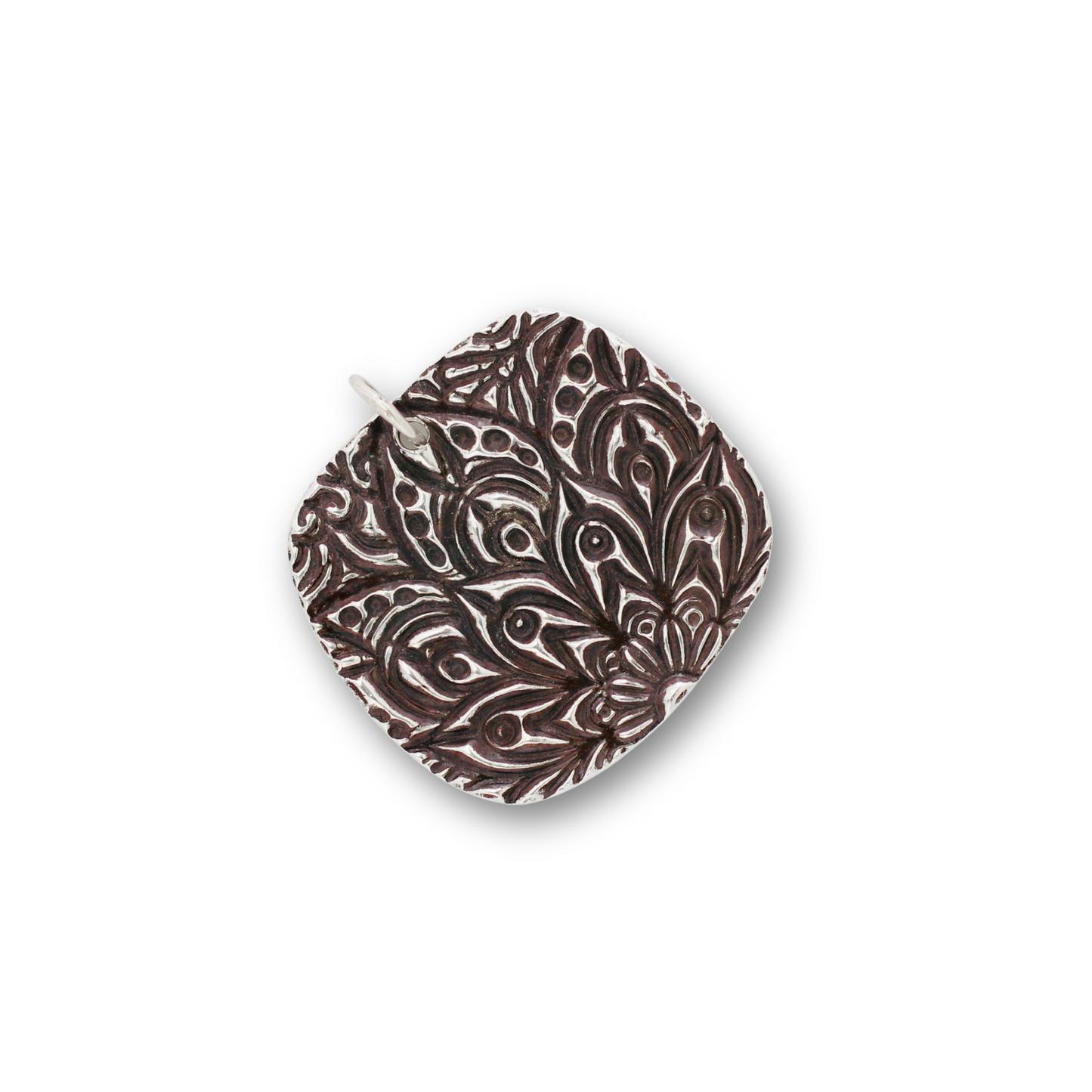 Handcrafted recycled fine silver square mandala design pendant by Vijara jewelry.