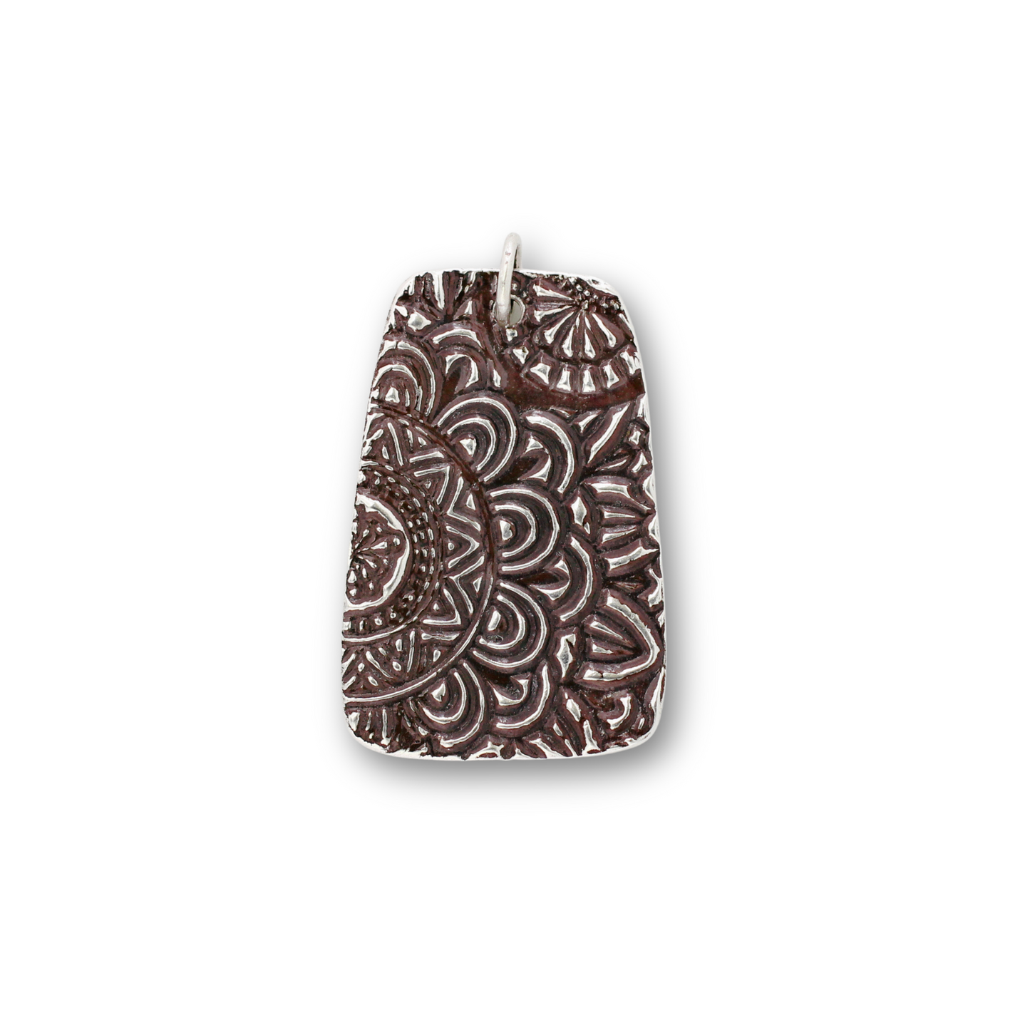 Handcrafted recycled fine silver rectangle mandala design pendant by Vijara jewelry.