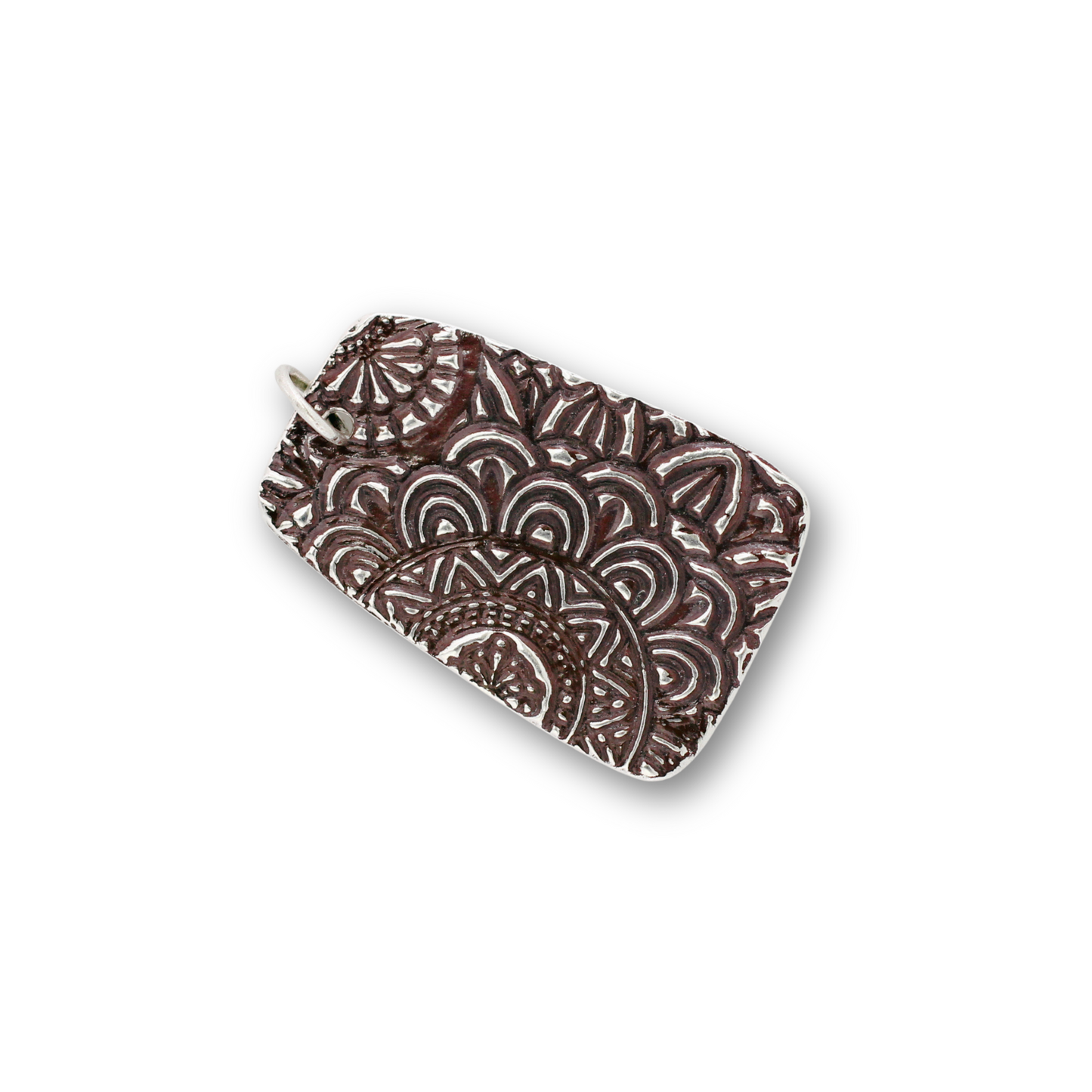 Handcrafted recycled fine silver rectangle mandala design pendant by Vijara jewelry.