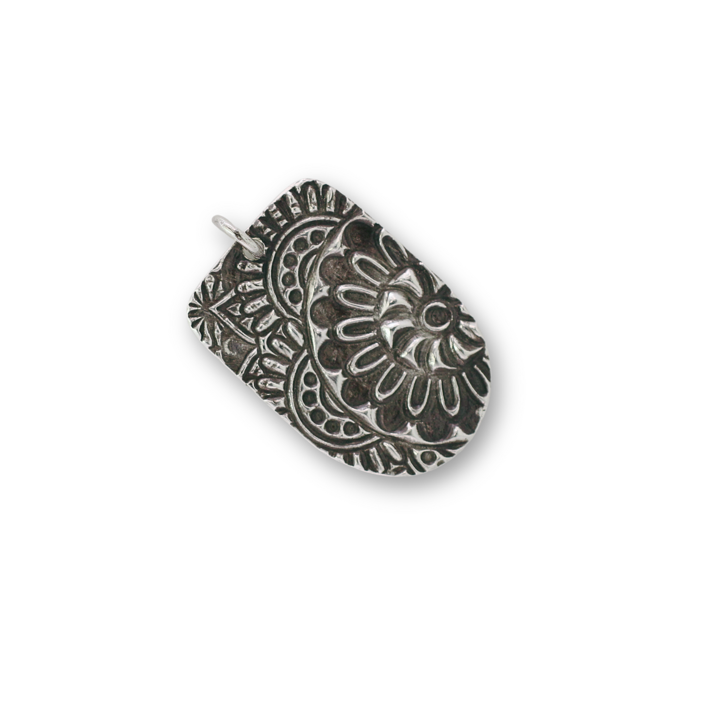 Handcrafted recycled fine silver capsule mandala design pendant by Vijara jewelry.
