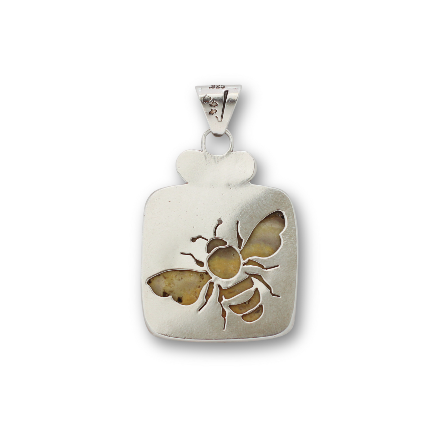 Handcrafted sterling silver and bumblebee jasper bee pendant by Vijara jewelry.