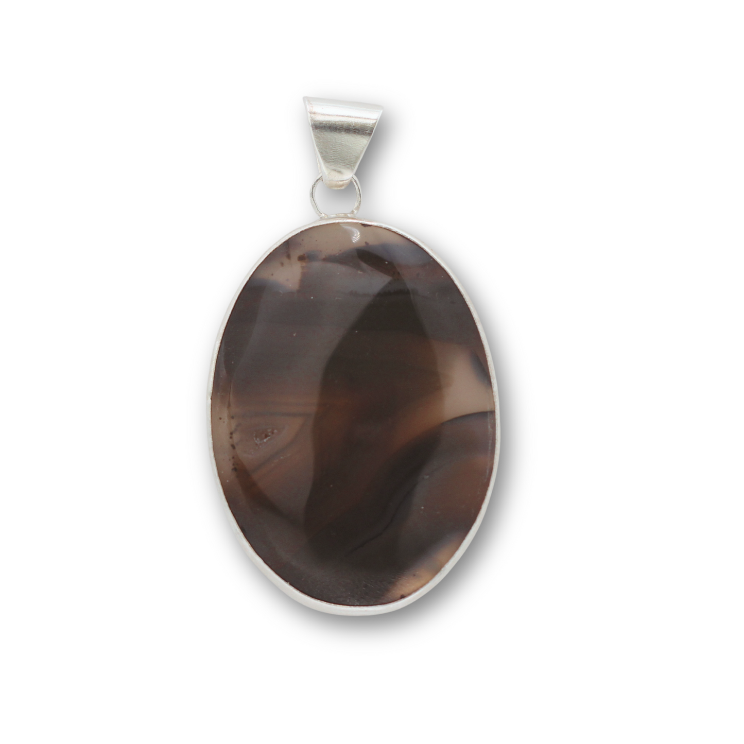Handcrafted sterling silver and Montana agate, flower and om pendant by Vijara jewelry.