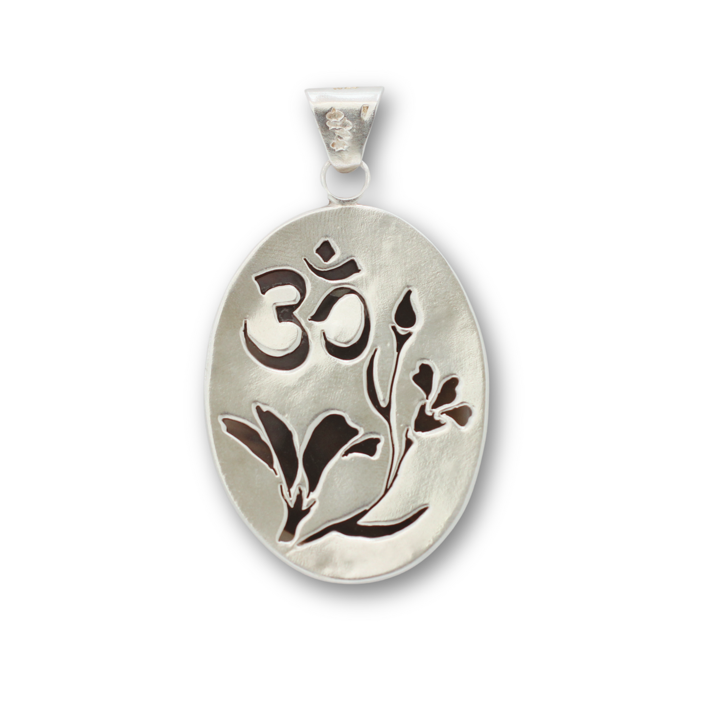 Handcrafted sterling silver and Montana agate, flower and om pendant by Vijara jewelry.