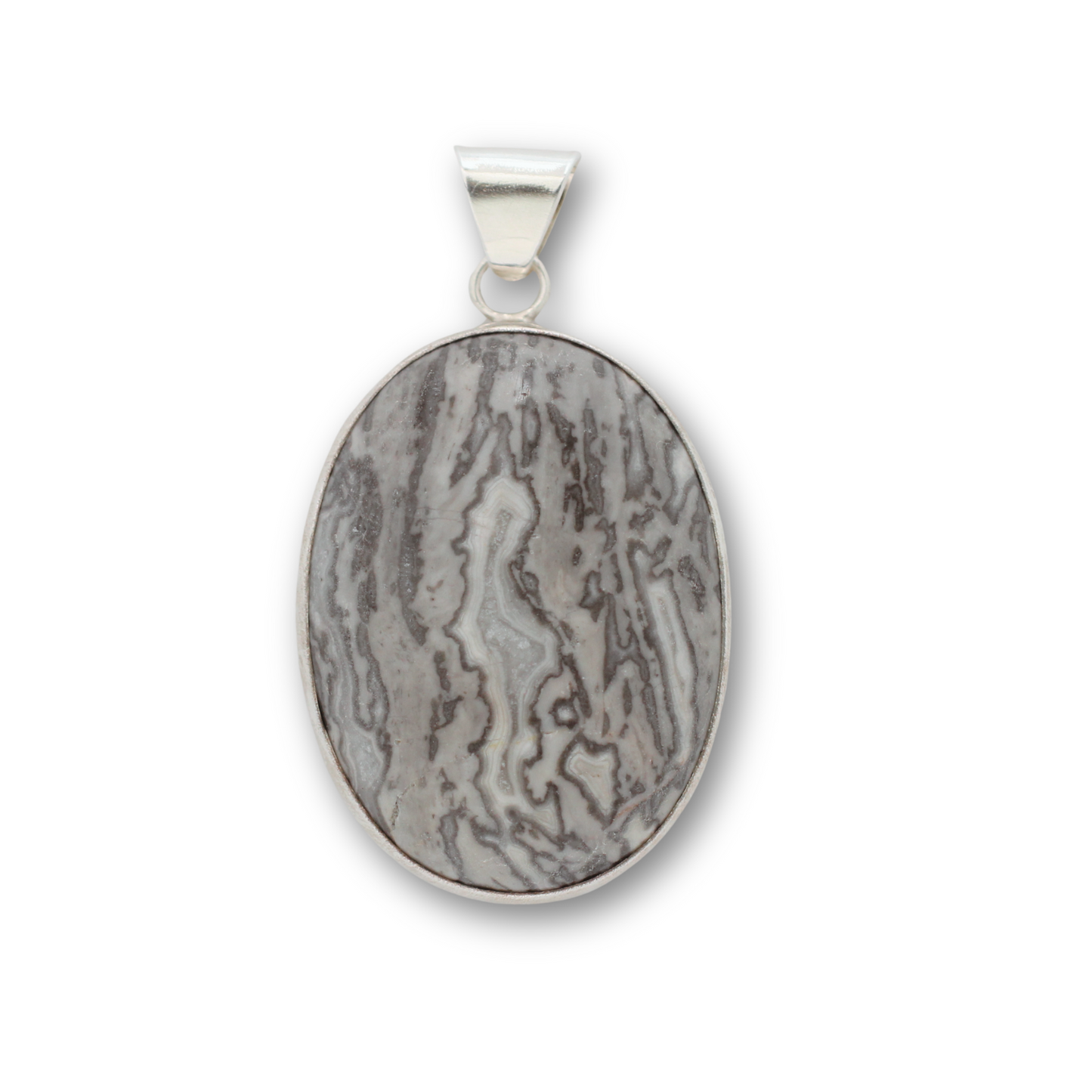 Handcrafted sterling silver and ripple jasper, lotus and om pendant by Vijara jewelry.