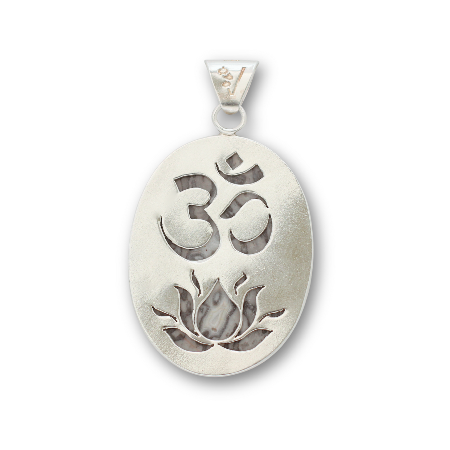 Handcrafted sterling silver and ripple jasper, lotus and om pendant by Vijara jewelry.