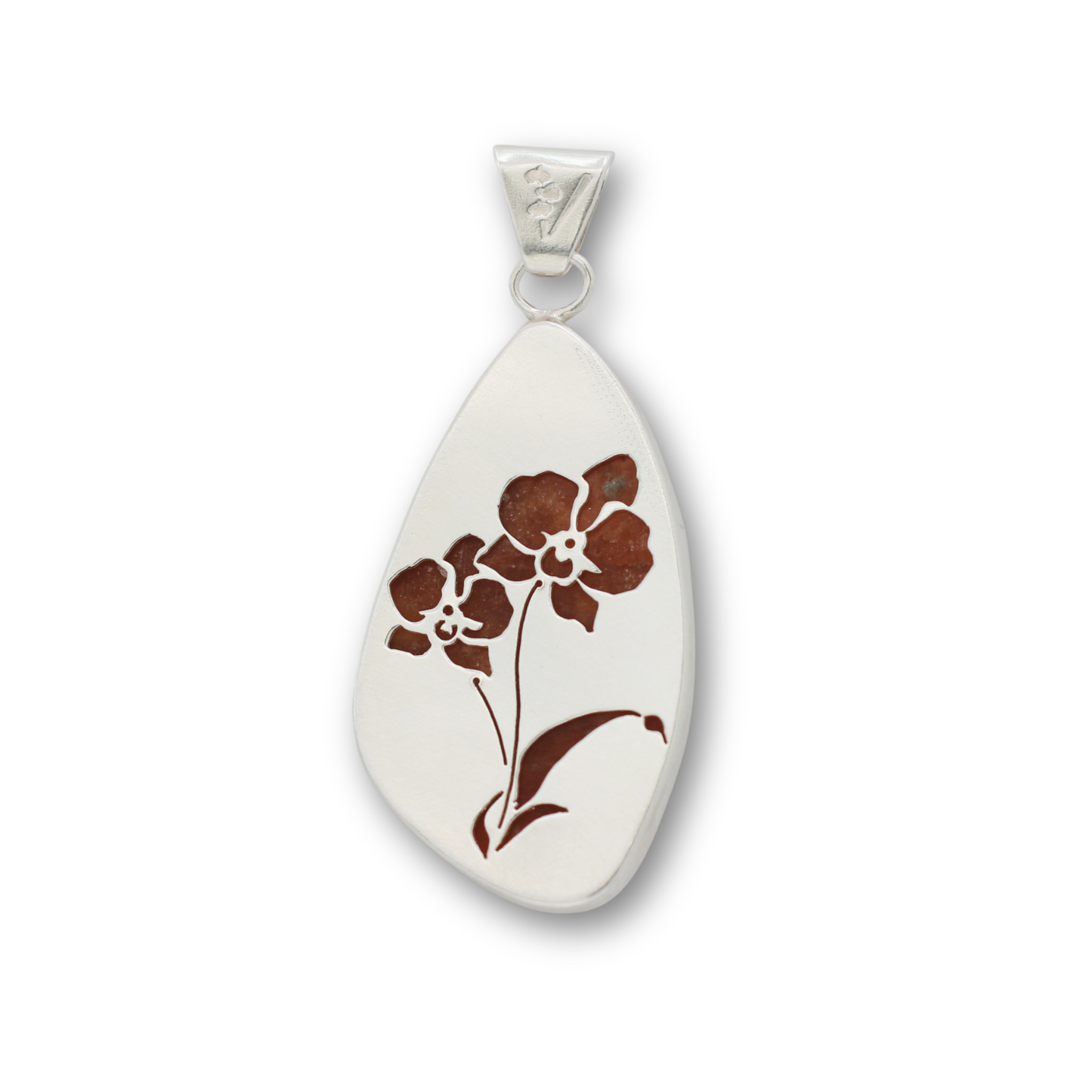 Handcrafted sterling silver and orchid calcite orchids pendant by Vijara jewelry.