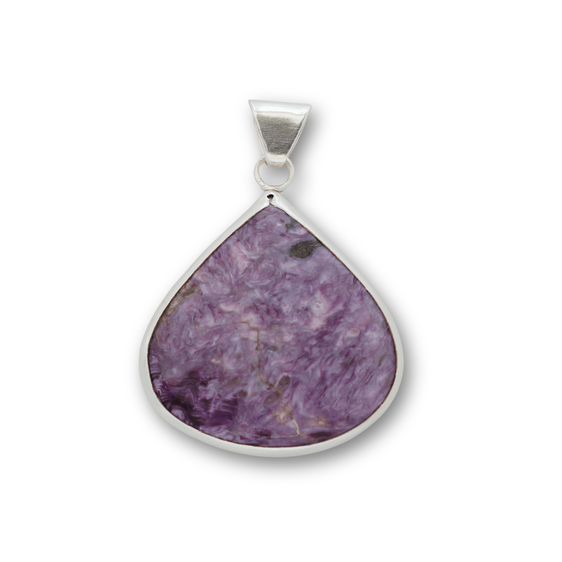 Handcrafted sterling silver and charoite mandala pendant by Vijara jewelry.