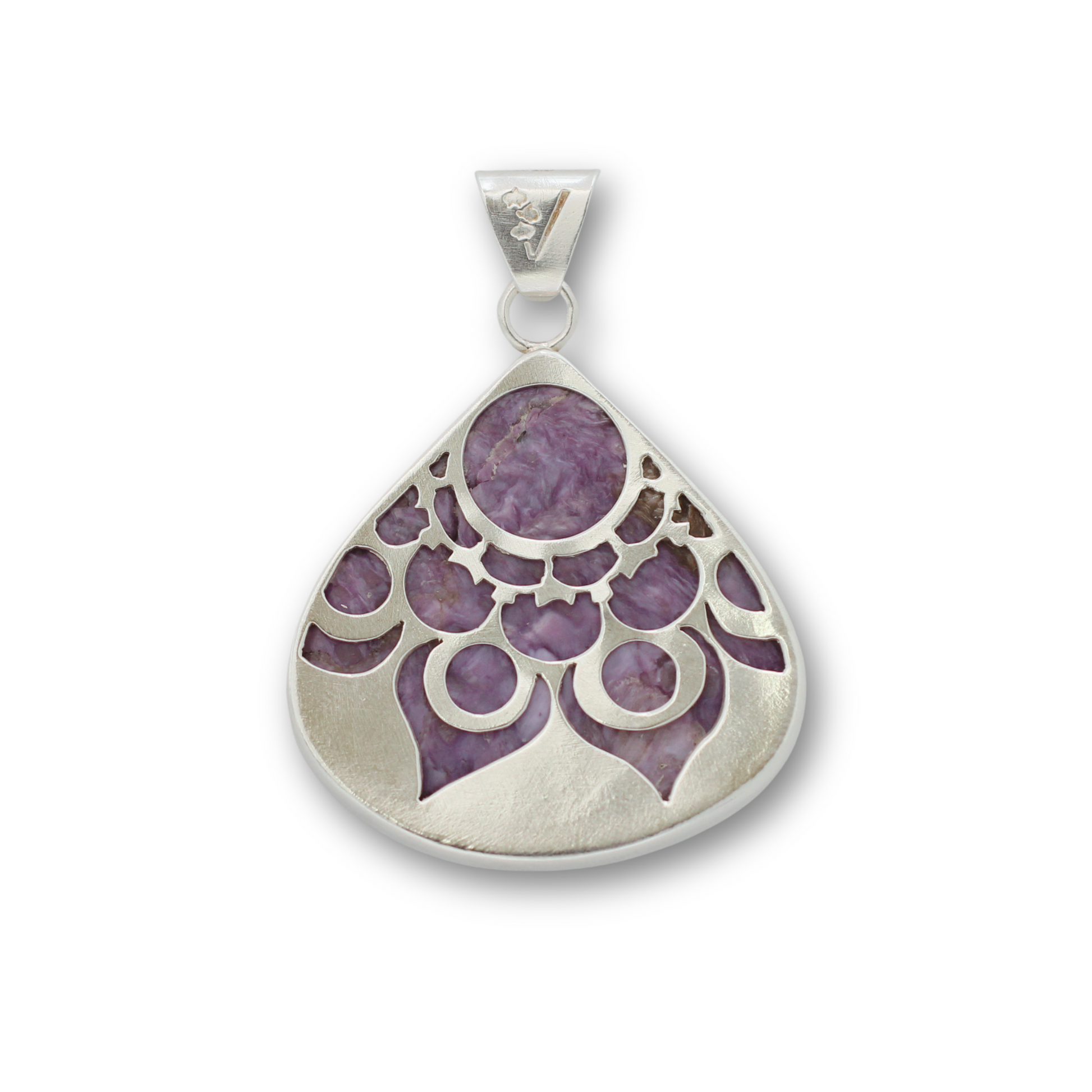 Handcrafted sterling silver and charoite mandala pendant by Vijara jewelry.