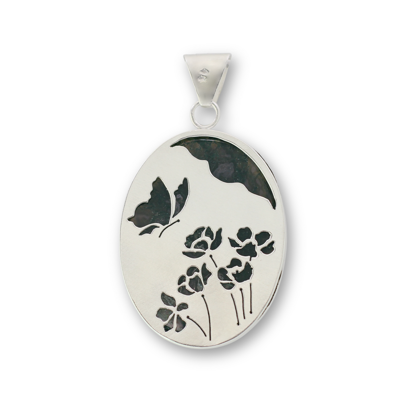 Handcrafted sterling silver and moss agate butterfly pendant by Vijara jewelry.