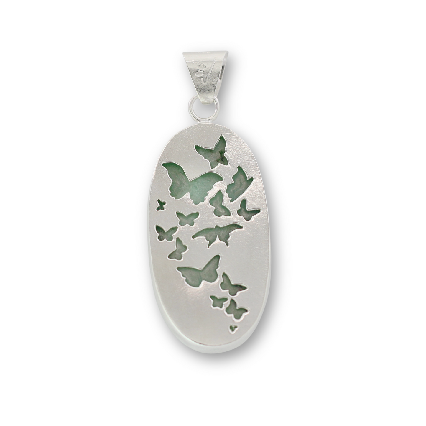 Handcrafted sterling silver and chrysoprase butterfly pendant by Vijara jewelry.