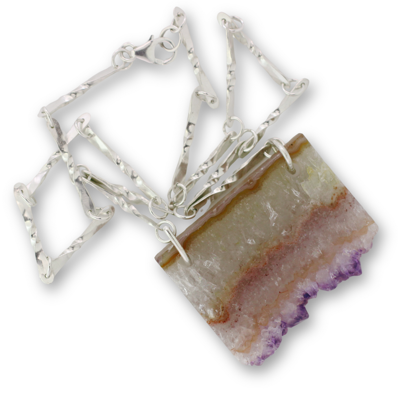 Handcrafted sterling silver chain with natural amethyst slice centerpiece by Vijara jewelry.