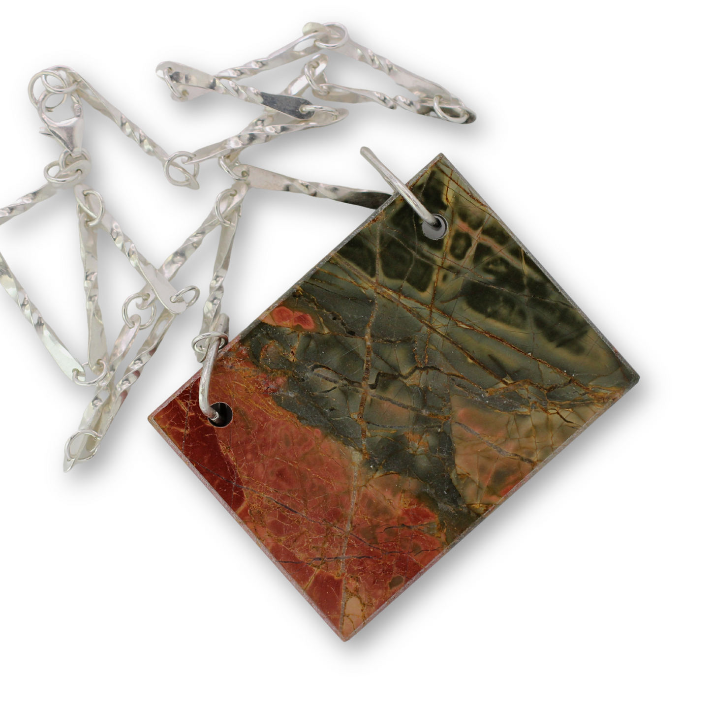 Handcrafted sterling silver chain with natural Red Creek jasper slice centerpiece by Vijara jewelry.