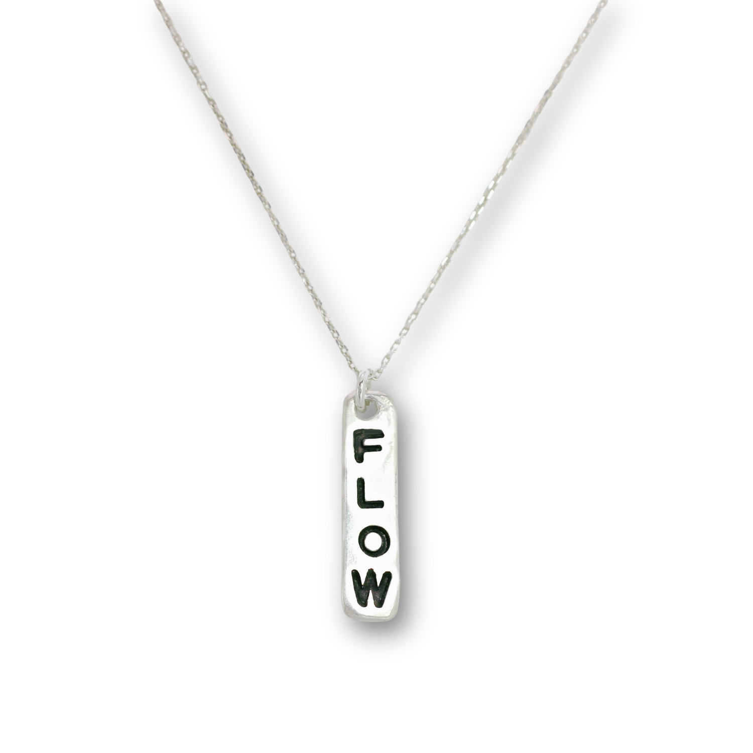 Handcrafted recycled fine silver "flow" word charm necklace by Vijara jewelry.