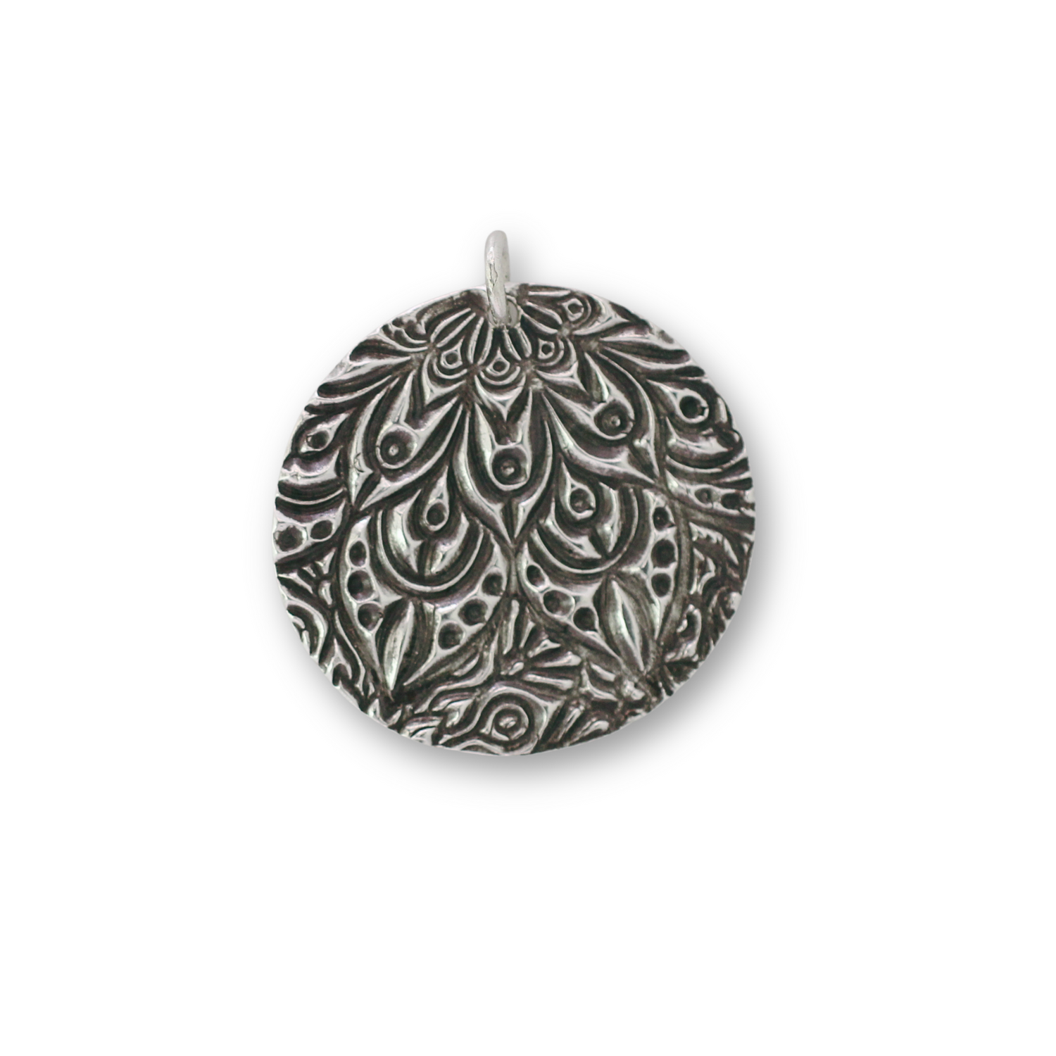 Handcrafted recycled fine silver round mandala design pendant by Vijara jewelry.