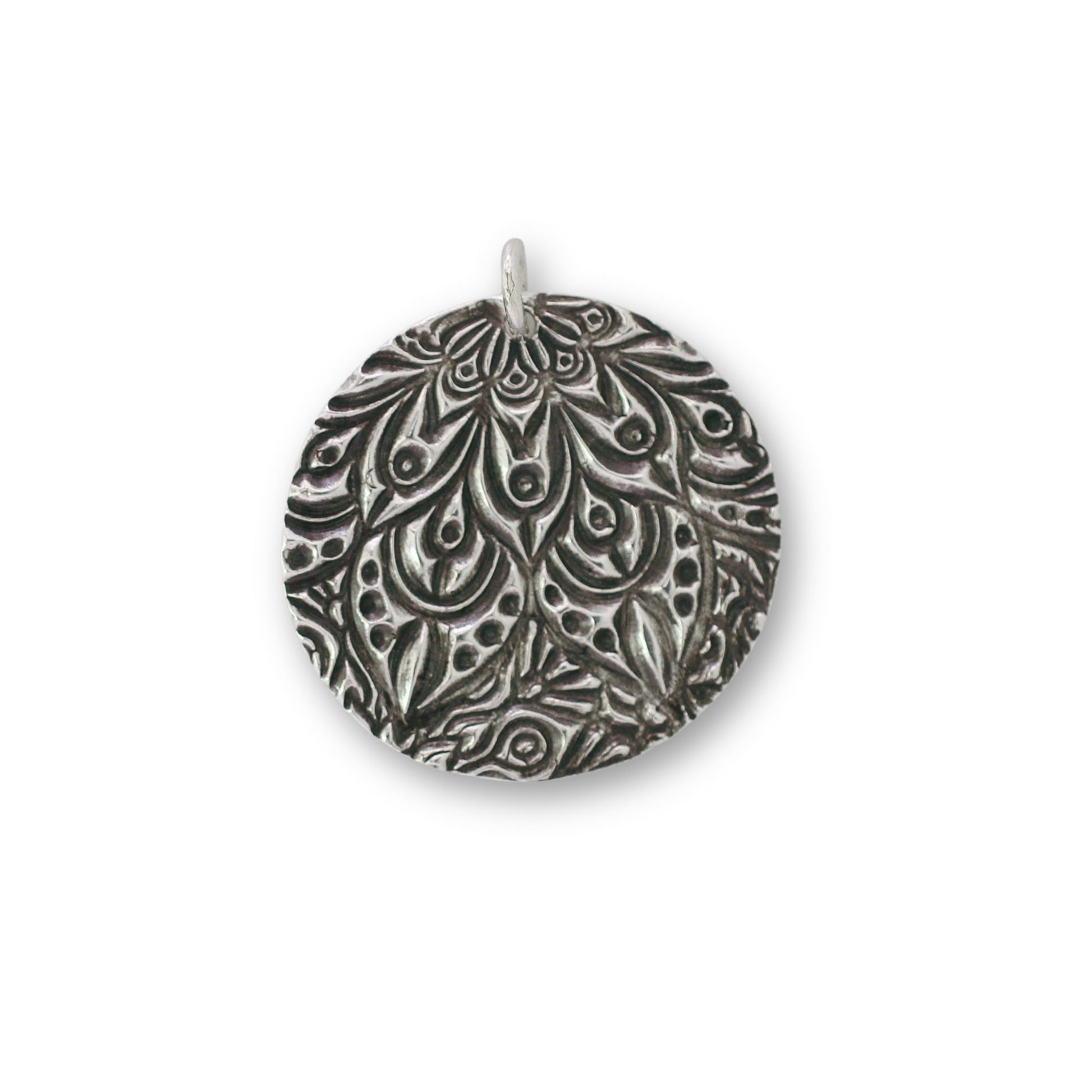 Handcrafted recycled fine silver round mandala design pendant by Vijara jewelry.