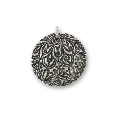 Handcrafted recycled fine silver round mandala design pendant by Vijara jewelry.