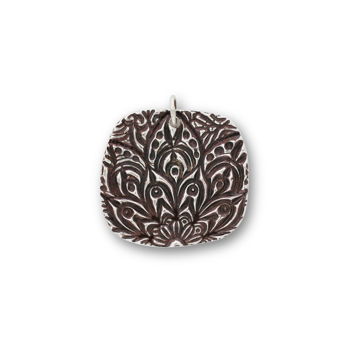 Handcrafted recycled fine silver square mandala design pendant by Vijara jewelry.