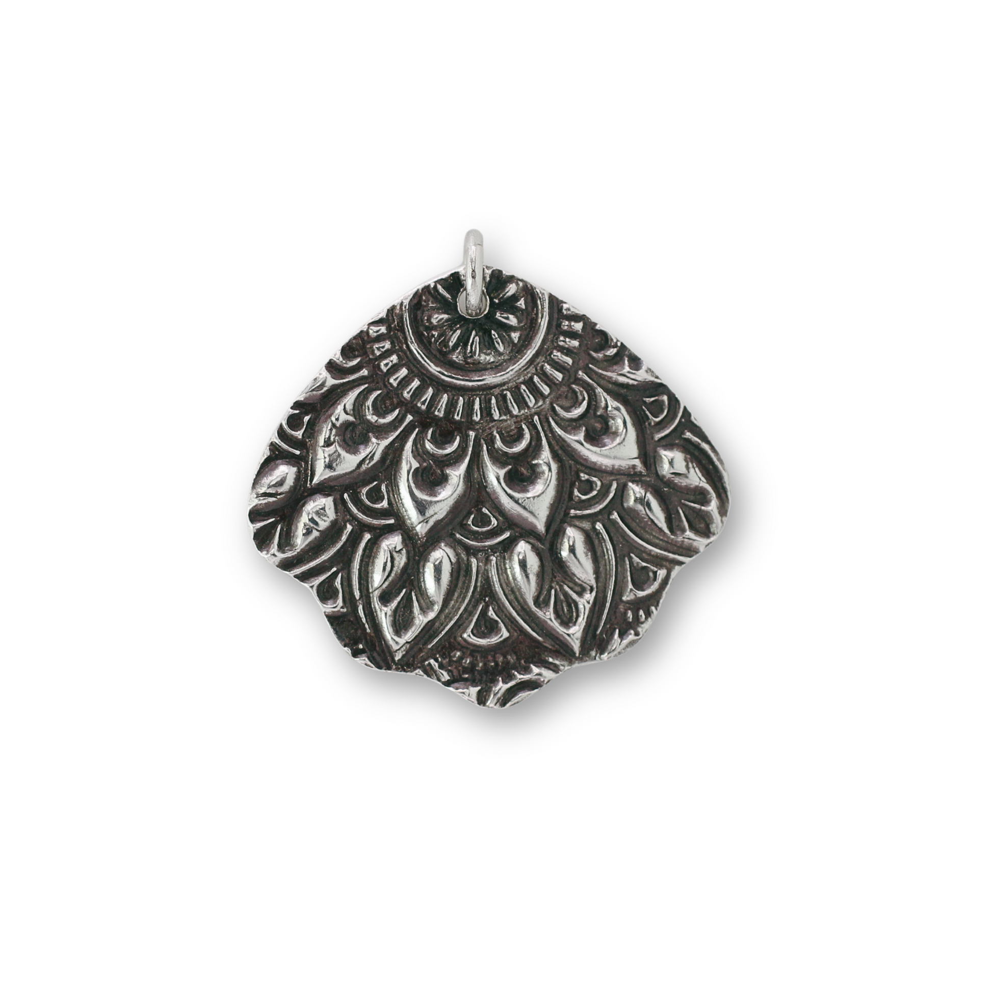 Handcrafted recycled fine silver fan mandala design pendant by Vijara jewelry.