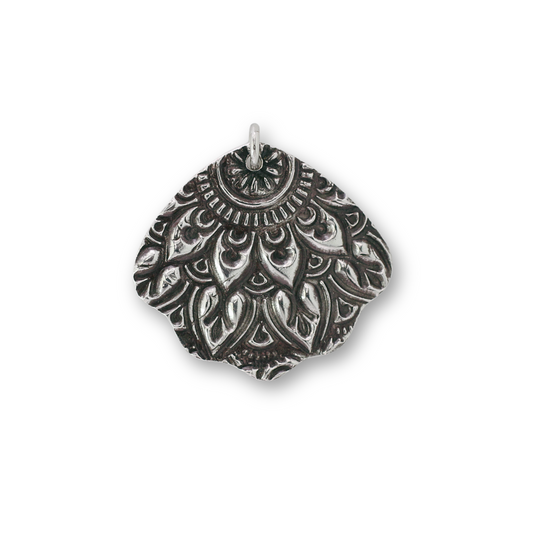 Handcrafted recycled fine silver fan mandala design pendant by Vijara jewelry.