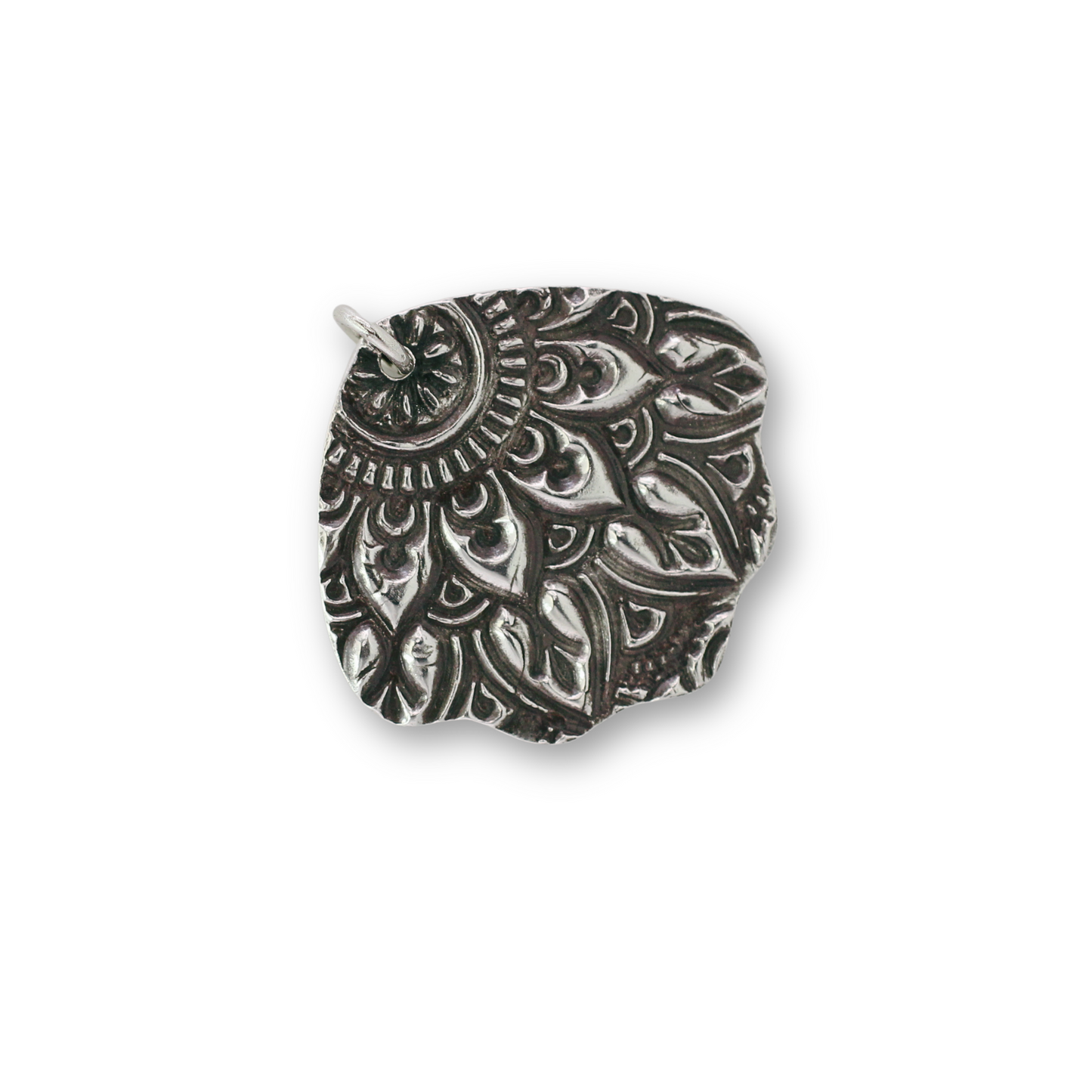Handcrafted recycled fine silver fan mandala design pendant by Vijara jewelry.