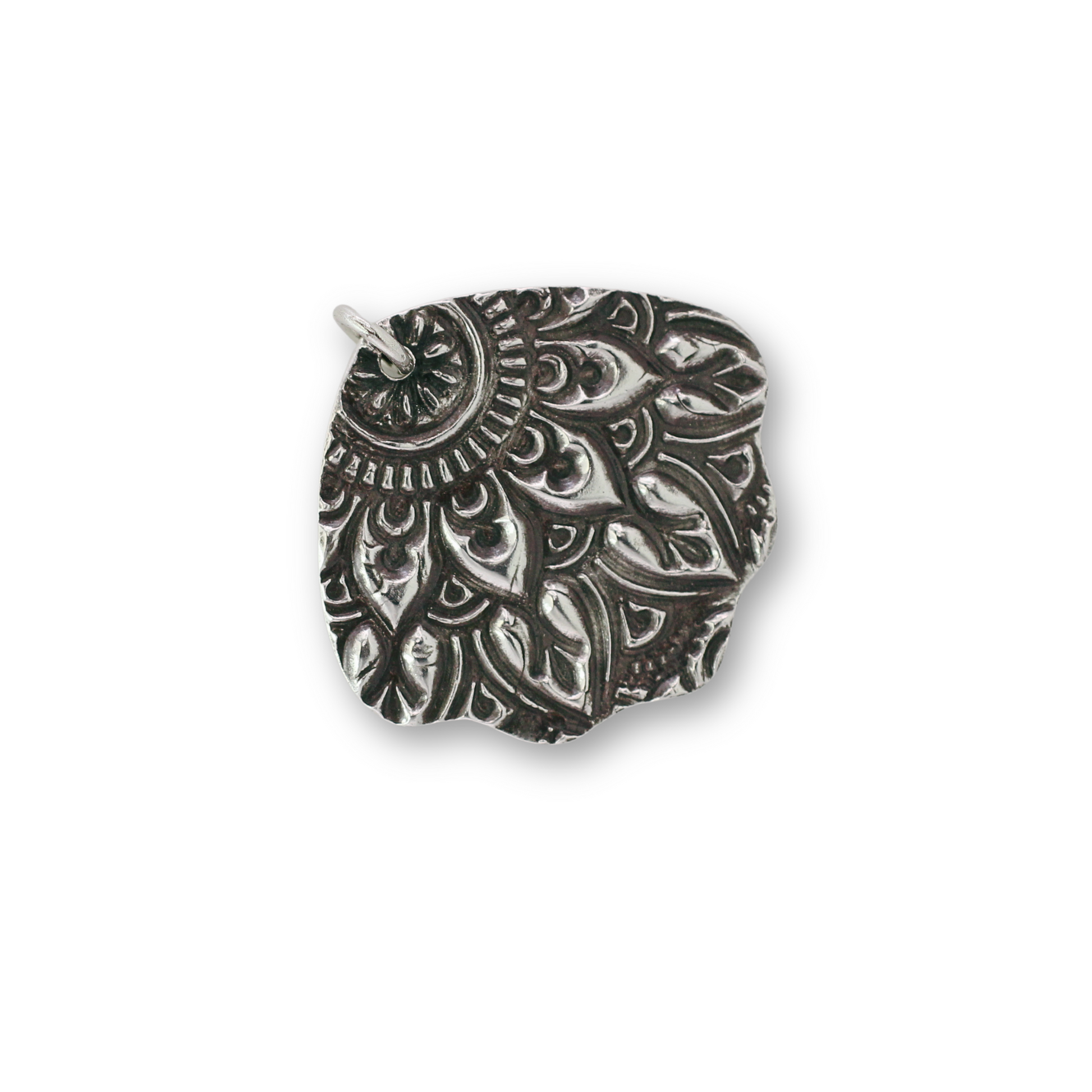 Handcrafted recycled fine silver fan mandala design pendant by Vijara jewelry.