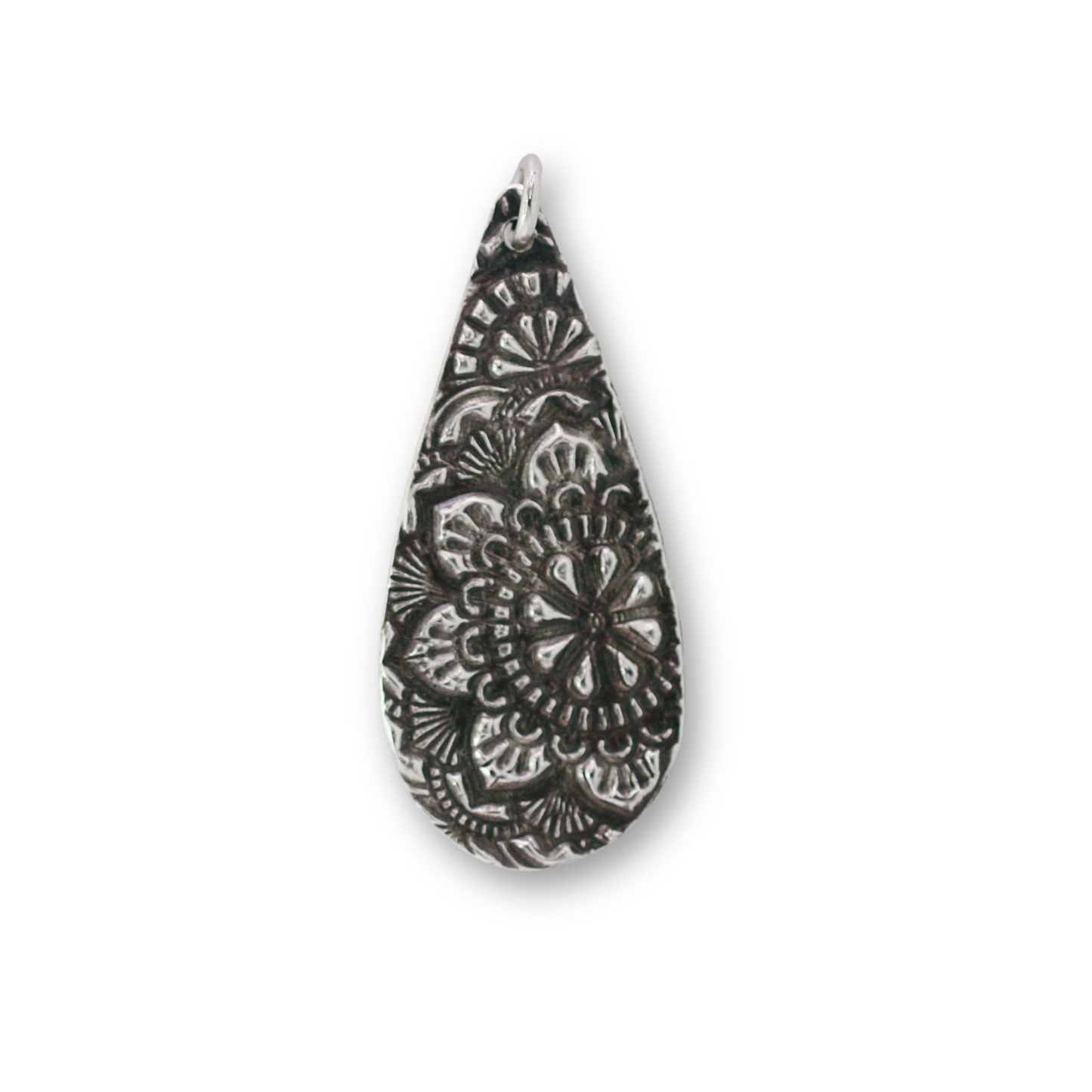 Handcrafted recycled fine silver teardrop mandala design pendant by Vijara jewelry.