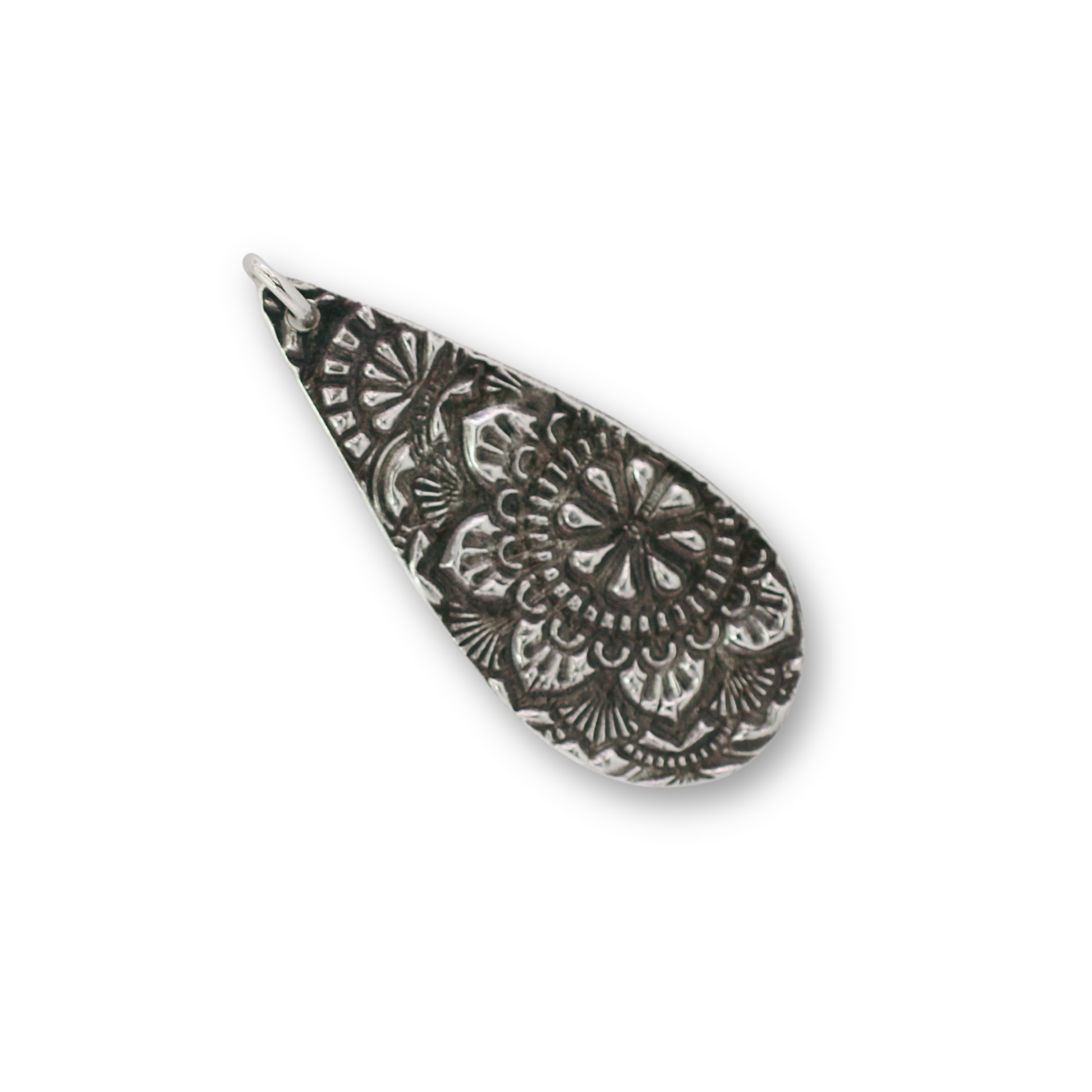 Handcrafted recycled fine silver teardrop mandala design pendant by Vijara jewelry.
