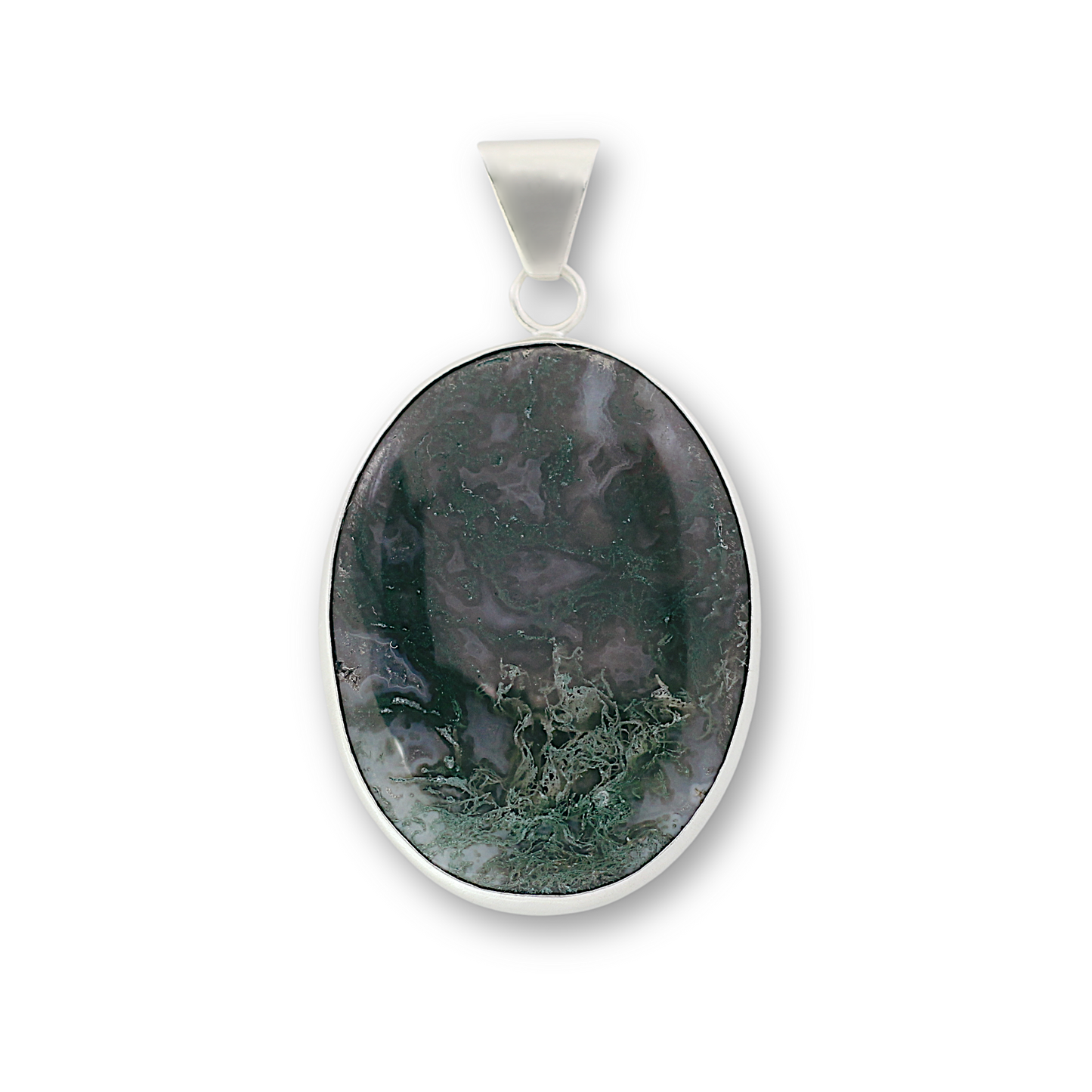 Handcrafted sterling silver and moss agate butterfly pendant by Vijara jewelry.